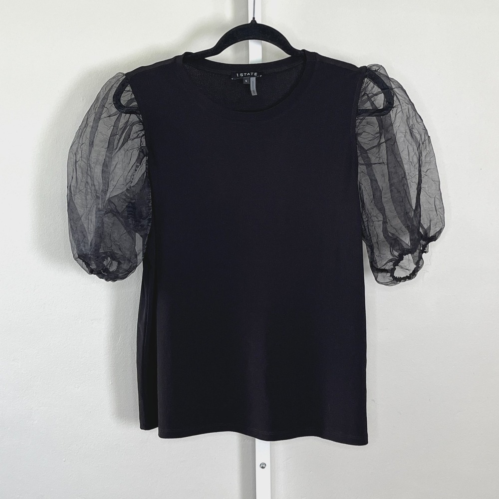 1. STATE Womens Top Short Sheer Bubble Sleeves Black‎ L Whimsigoth Witchy Gothic